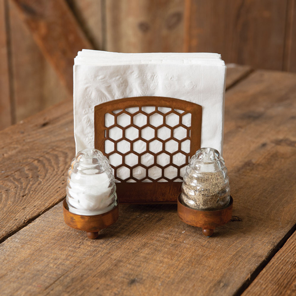 Rustic Wood Napkin Holder with 3 Salt and Pepper Shaker Set