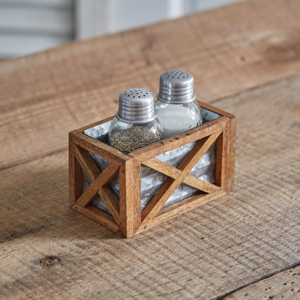 Rustic Farmhouse Wood Napkin Holder w/ 3 Salt & Pepper Shaker