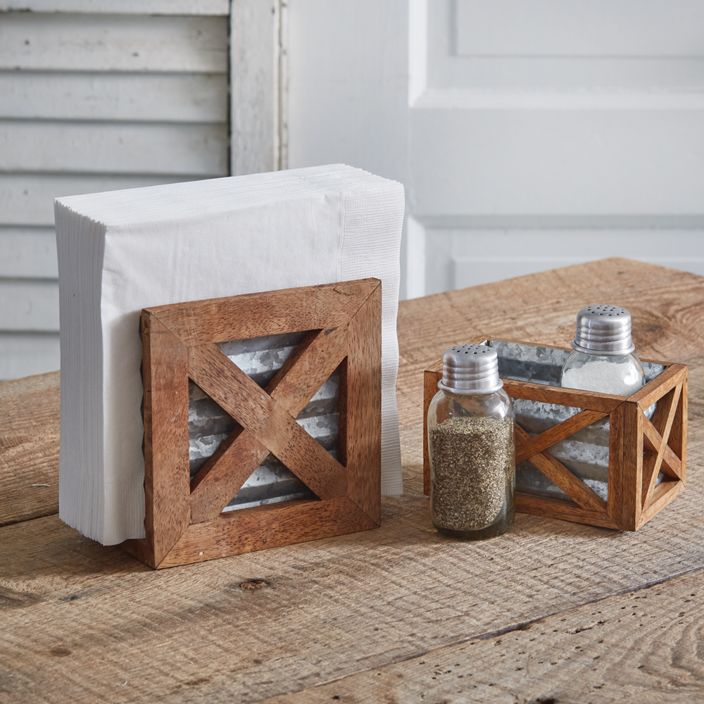 Rustic Wood Napkin Holder with 3 Salt and Pepper Shaker Set