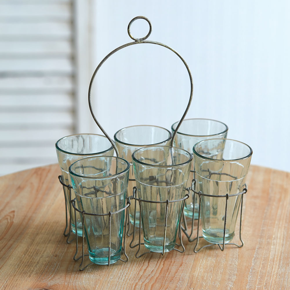 Round Metal Wire Rack Patio Picnic Caddy with Glass Drinking Jars