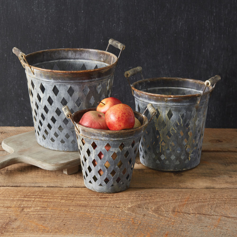 Set of Three Rustic Open Weave Metal Buckets CTW Home Collection