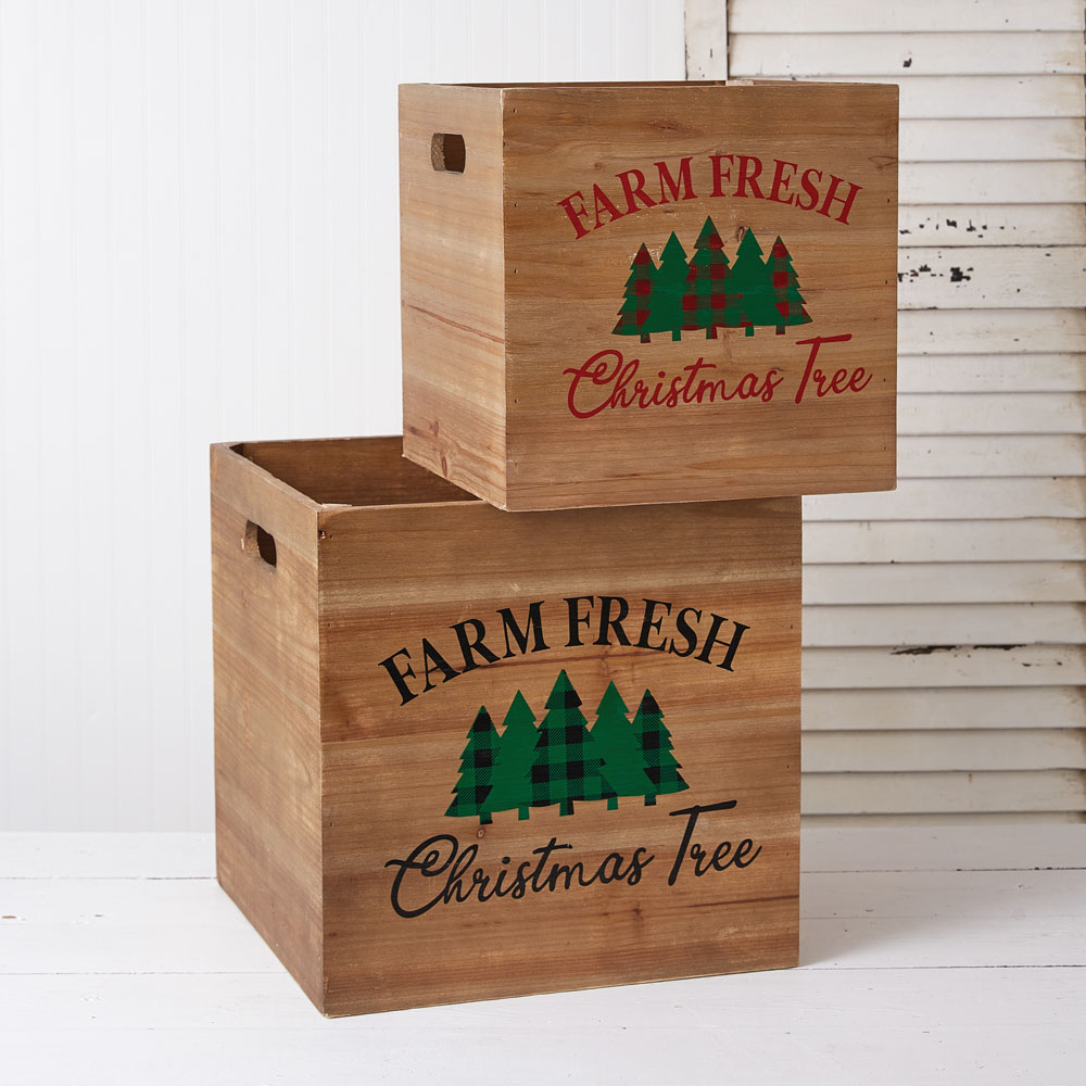 Set of Two Wooden Farm Fresh Christmas Tree Boxes CTW Home Collection