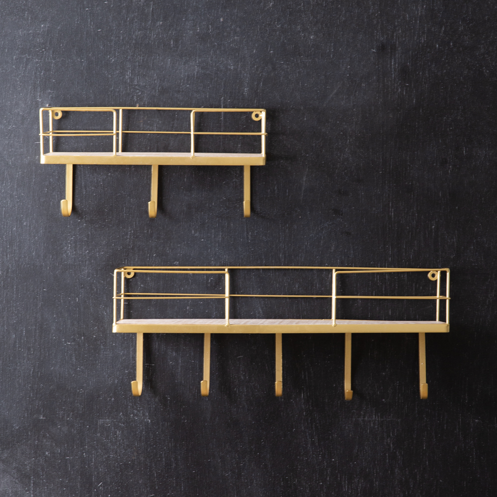 Set of Two Gold Finish Shelves with Hooks