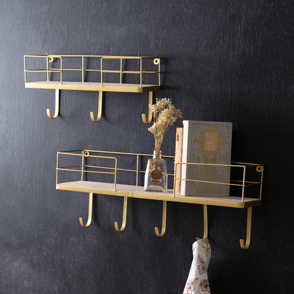 Set of Two Gold Finish Shelves with Hooks