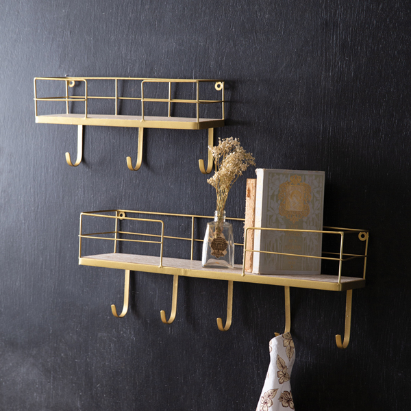 Litton Lane Gold 2-Shelves Metal Wall Shelf with Hooks 041968