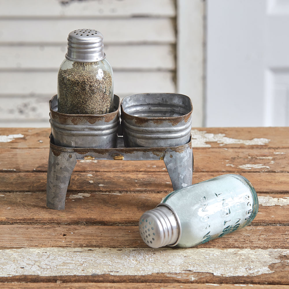 Galvanized Salt and Pepper Caddy with Ring